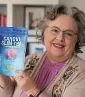 Authentic customer testimonial of a senior woman with Cardio Slim Tea herbal supplement for improving metabolism and energy levels.