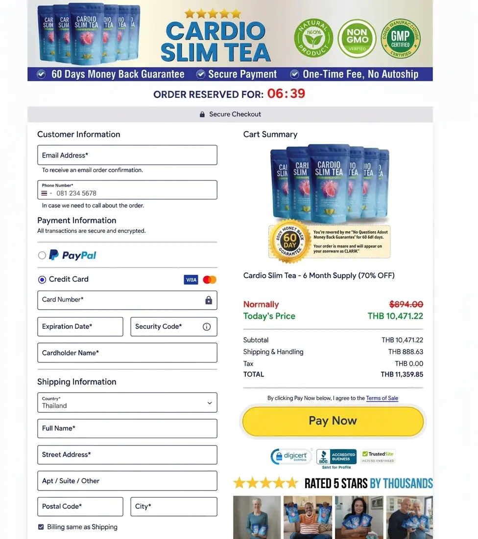 Secure checkout page and order summary for Cardio Slim Tea herbal supplement.