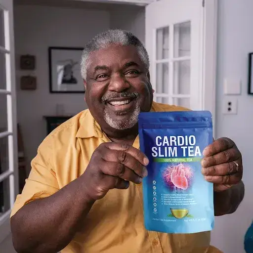Cardio Slim Tea natural herbal tea for healthy blood pressure and weight management held by a satisfied customer.